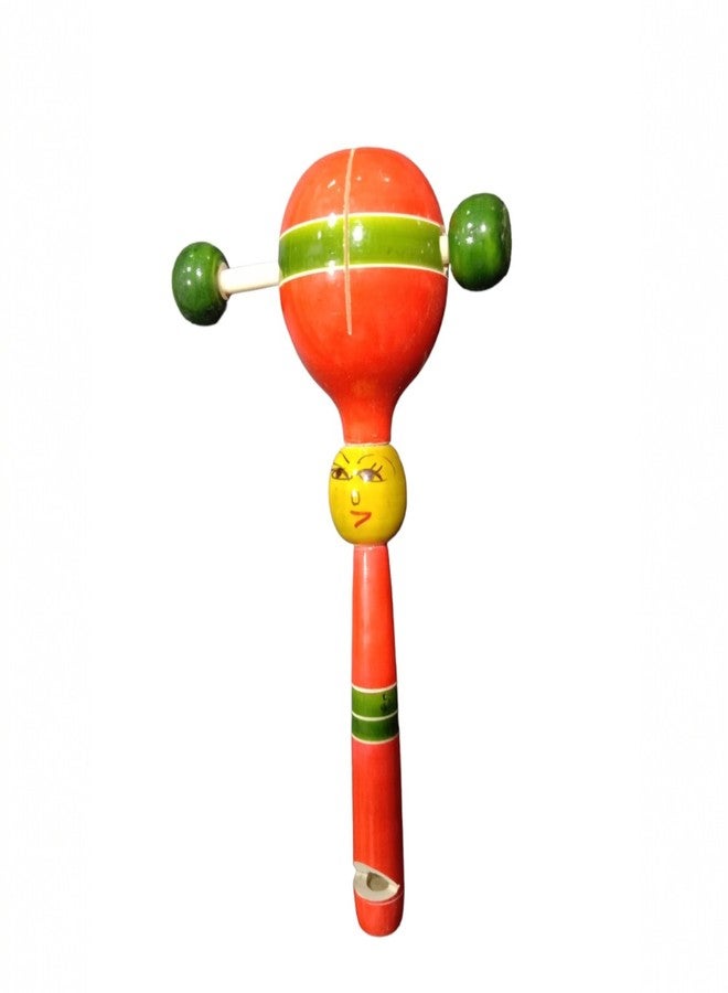UPBEAT Wooden Baby Teether Rattle with Built-in Whistle (Color May Vary) (Pack of 1) | Musical Sensory Toy for Kids | Eco-Friendly Baby Rattle I Rhythm Instrument for Kids I Montessori Rattle - Image 1